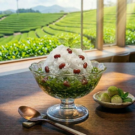 初夏を感じる涼スイーツ 金時の抹茶ゼリー添え